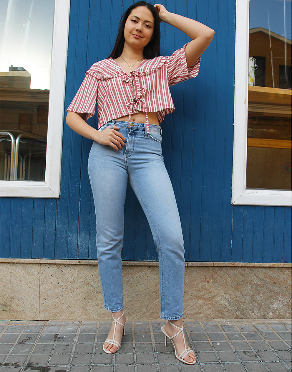 Wide Collar Blouse in Red Stripe