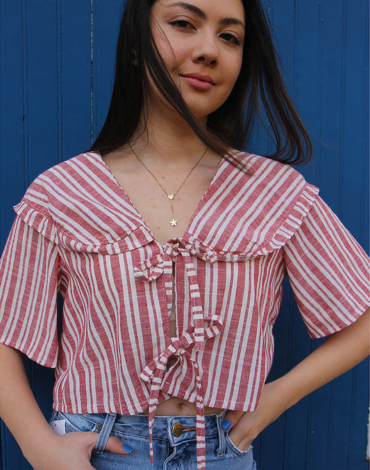 Wide Collar Blouse in Red Stripe