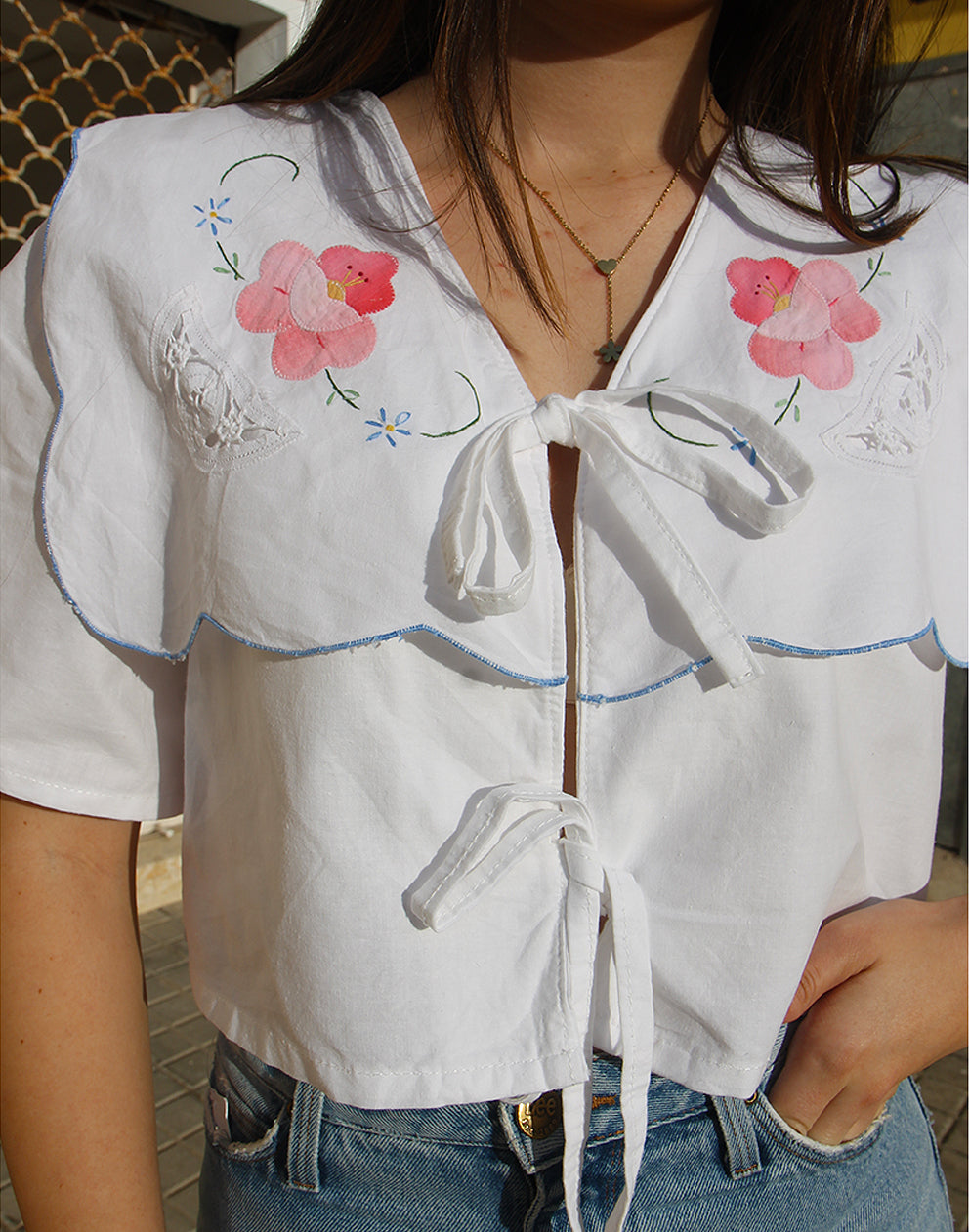 Tie Front Blouse with Embroidered Wide Collar