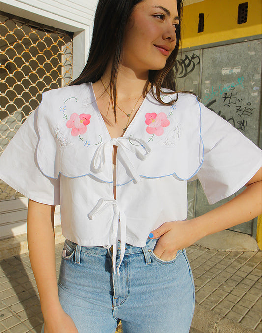 Tie Front Blouse with Embroidered Wide Collar