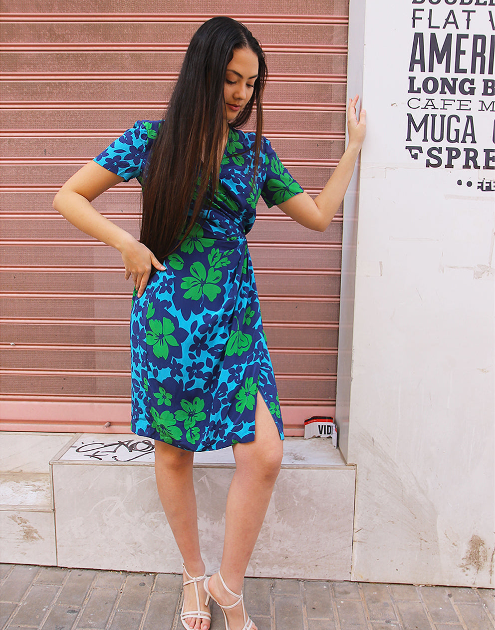 Floral Wrap Dress in Blue & Green 