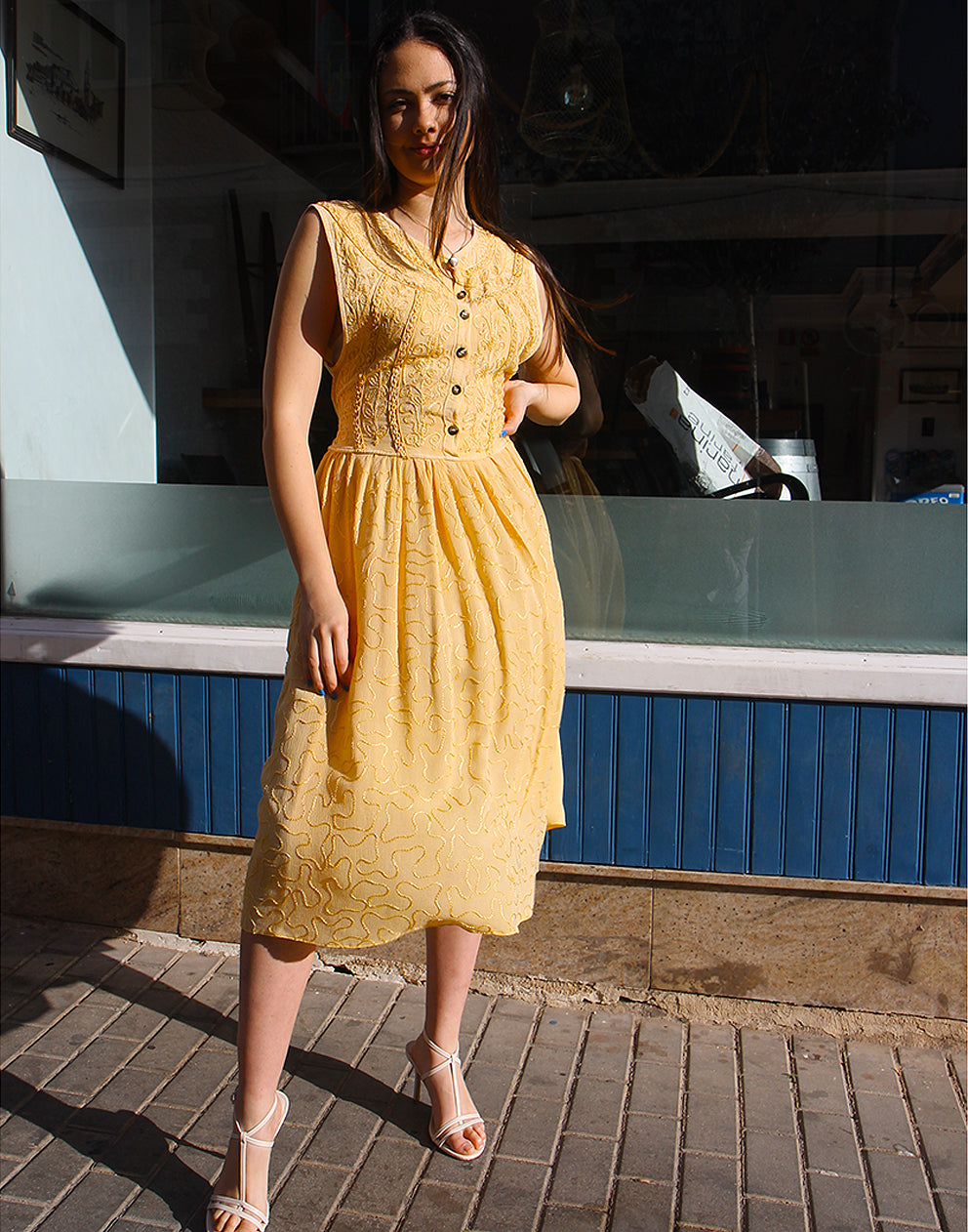 Embroidered Long Boho Dress in Yellow