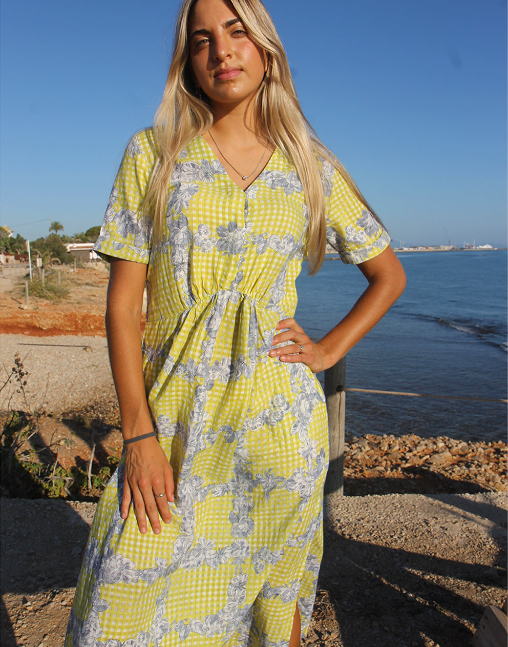 Yellow Check Midi Dress