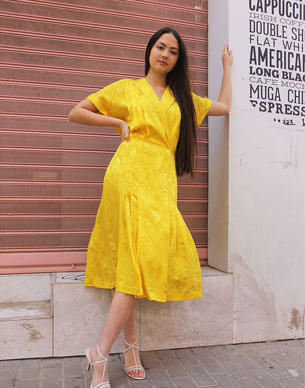 Yellow Silk Short Sleeve Midi Dress