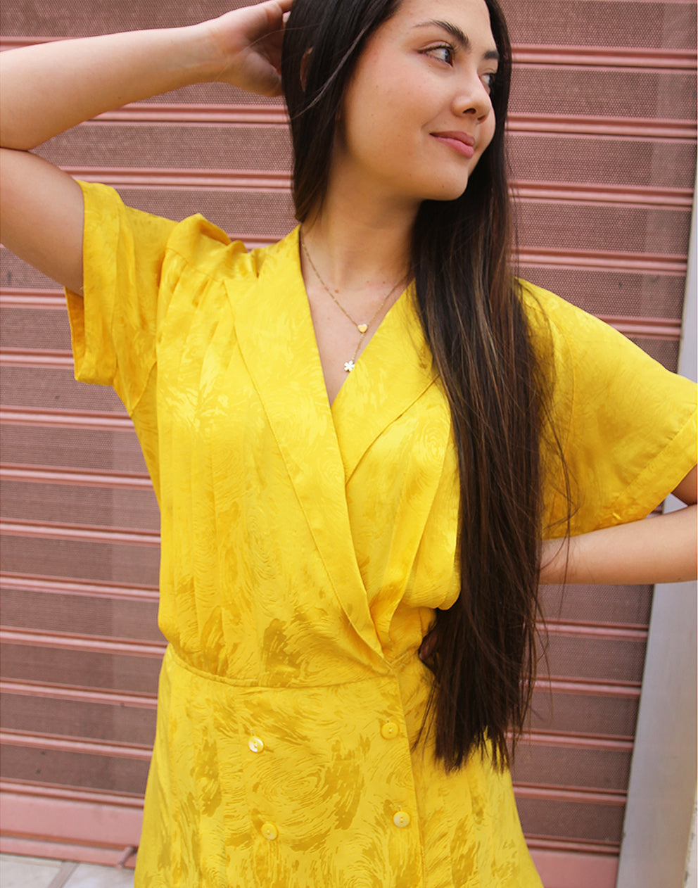 Yellow Silk Short Sleeve Midi Dress