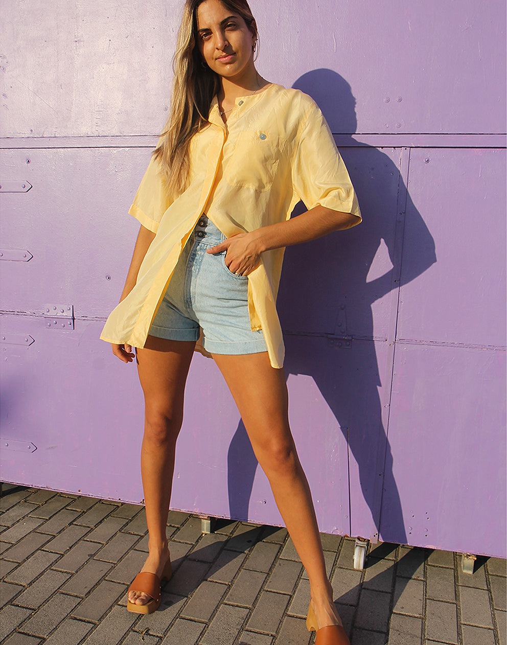 Vintage Yellow Shirt with Short Sleeves in Pure Silk
