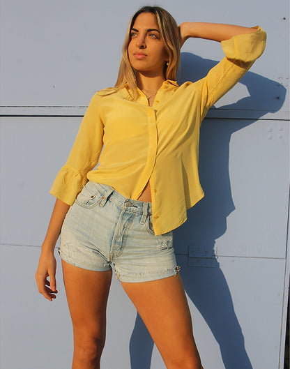 Pale Yellow Pure Silk Shirt with Ruffle Sleeves