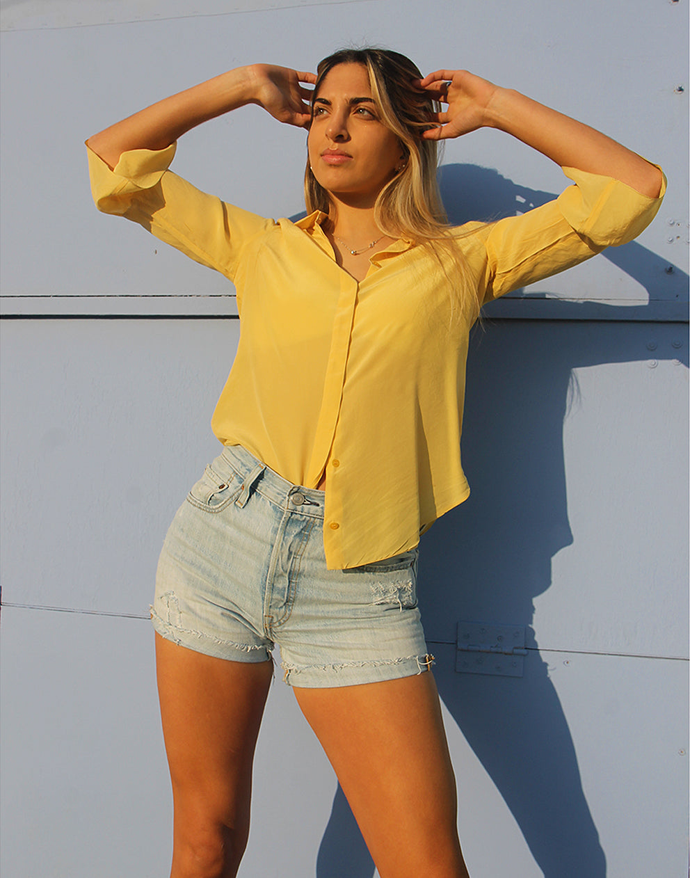 Pale Yellow Pure Silk Shirt with Ruffle Sleeves