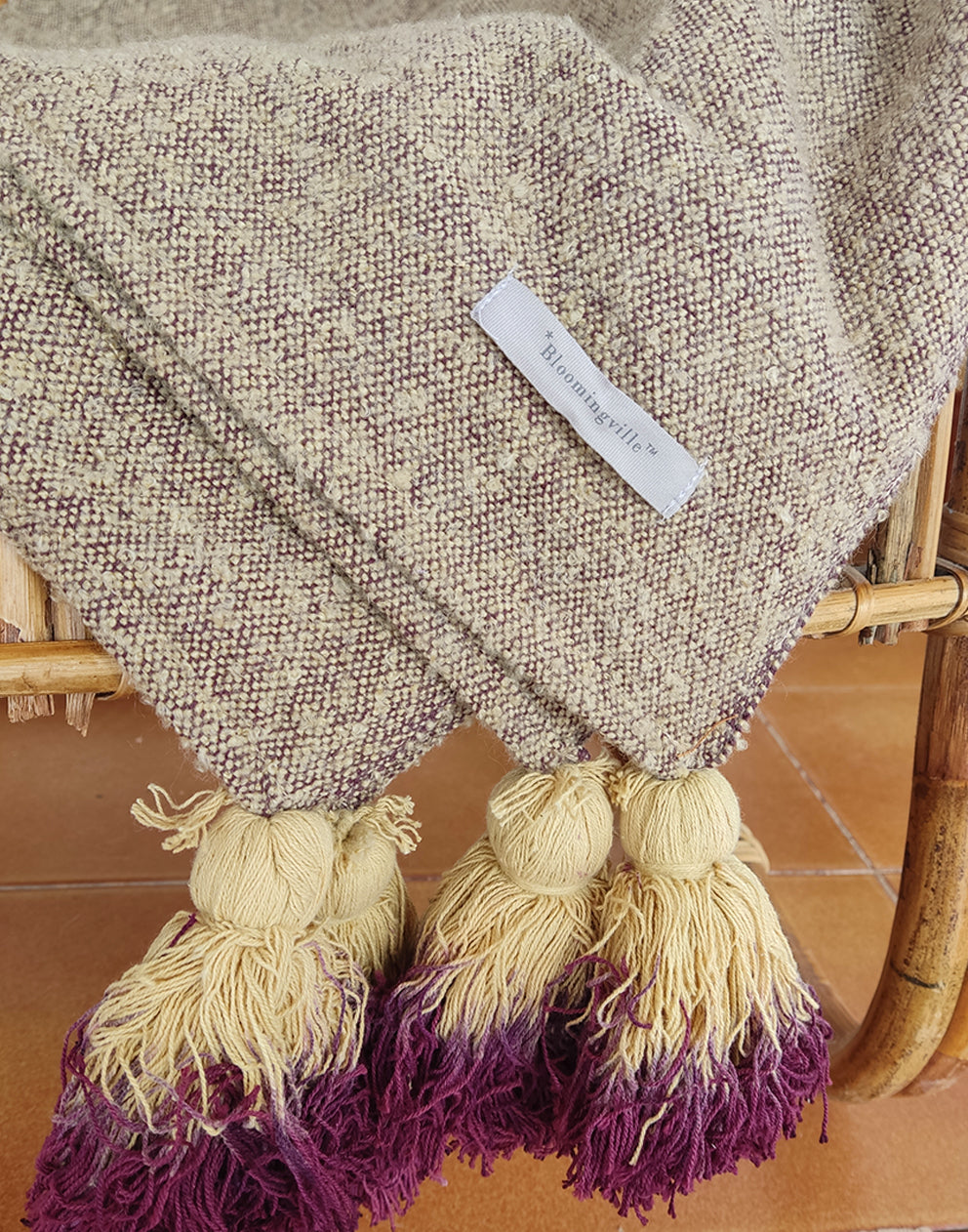 Bohemian Style Pale Yellow Neutral Textured Throw with Extra Large Tassles