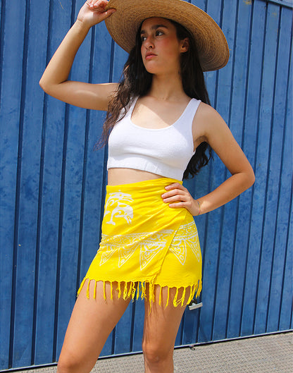 Yellow & White Print Wrap Mini Skirt with Tassles