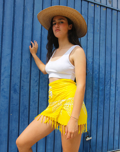 Yellow & White Print Wrap Mini Skirt with Tassles