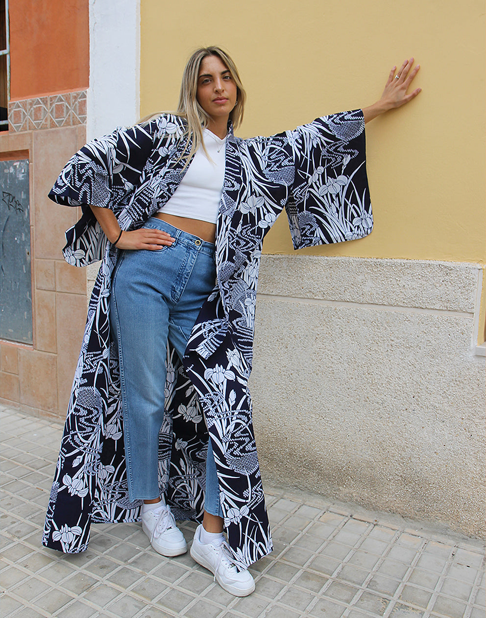 Blue and outlet white kimono jacket