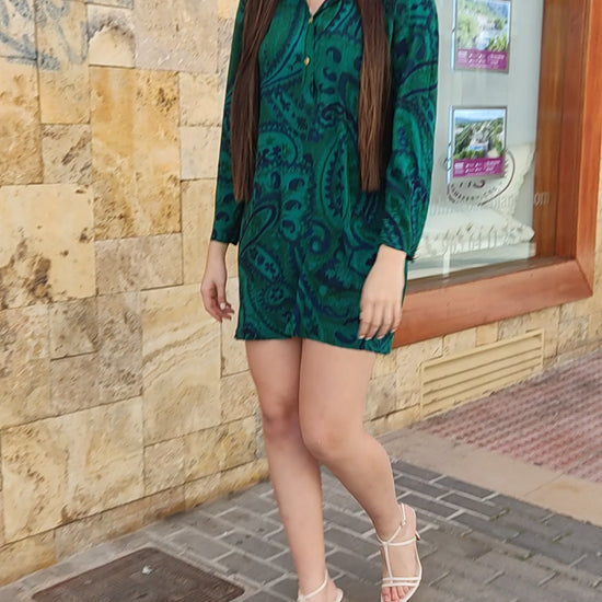Paisley Turquoise Long Sleeve Silk Dress