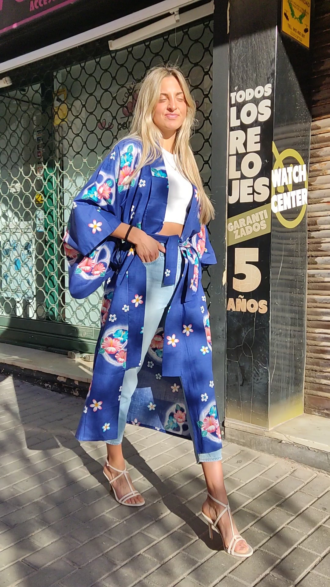 Long Floral Kimono in Blue