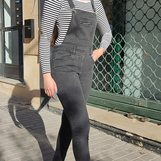 Womens Dungarees in Faded Black