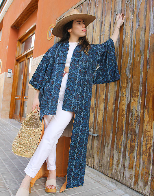 Blue & Black Print Full Length Kimono Jacket