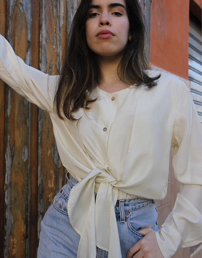 Cream Silk Blouse with Long Sleeves