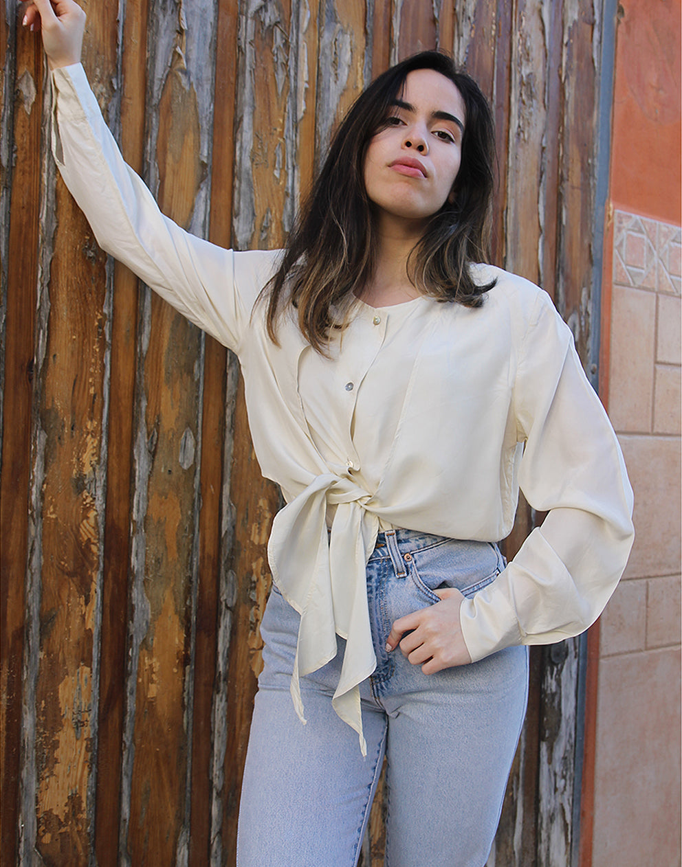 Cream Silk Blouse with Long Sleeves
