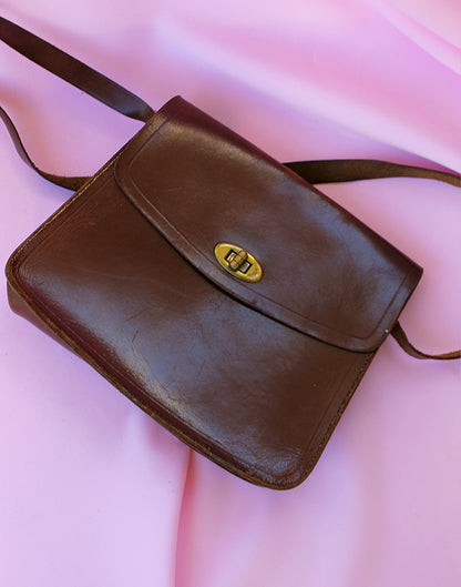 Dark Brown Real Leather Handbag with Cross Body Strap