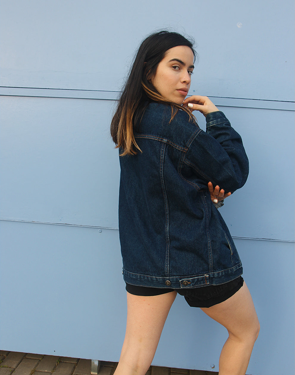 Outfit with dark store blue denim jacket