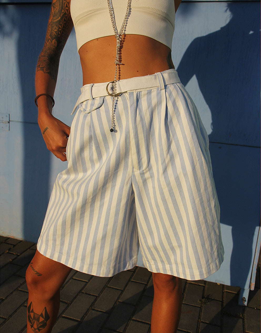 High waisted blue and white sales striped shorts