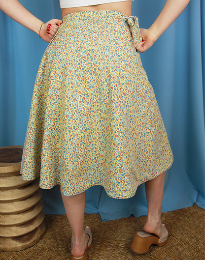 Blue & Yellow Ditzy Floral Print A Line Wrap Midi Skirt
