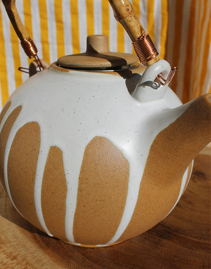 Natural Stoneware Teapot with White Dripped Paint Finish & Bamboo Handle
