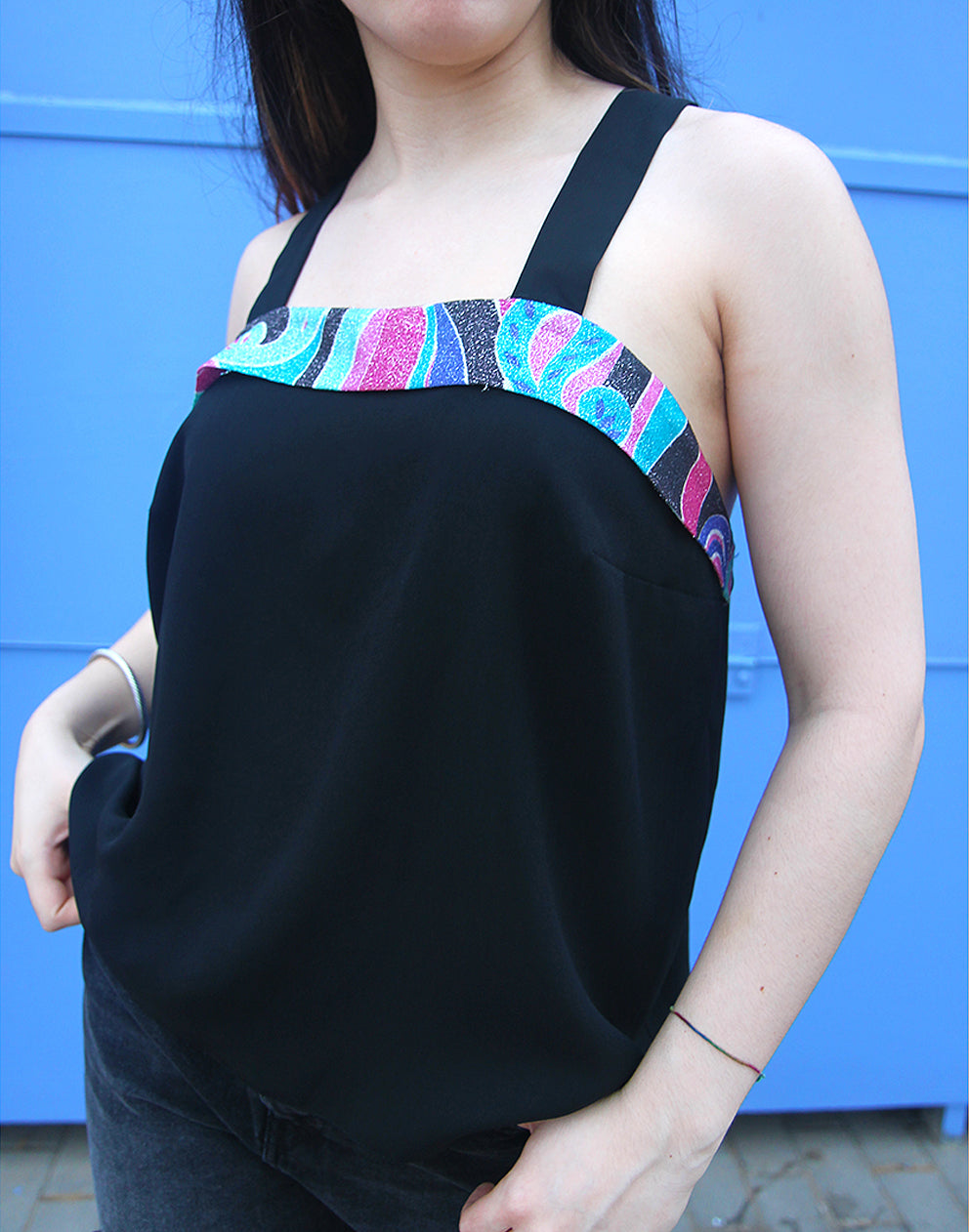 Black Sleeveless Vest Top with Square Neckline and Multi Colour Print Trim