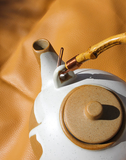 Natural Stoneware Teapot with White Dripped Paint Finish & Bamboo Handle