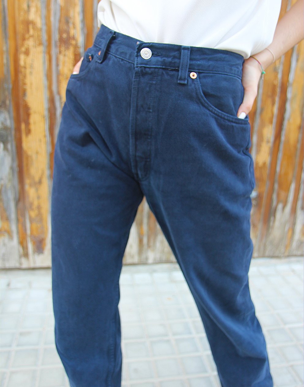 Original Levi's 501 Navy Blue Denim High Rise Tall Jeans 25"/ 63cm Waist
