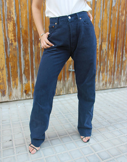Original Levi's 501 Navy Blue Denim High Rise Tall Jeans 25"/ 63cm Waist