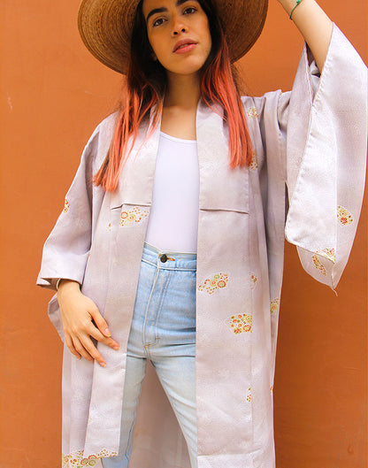 Pale Grey Metallic Print Full Length Vintage Kimono Jacket