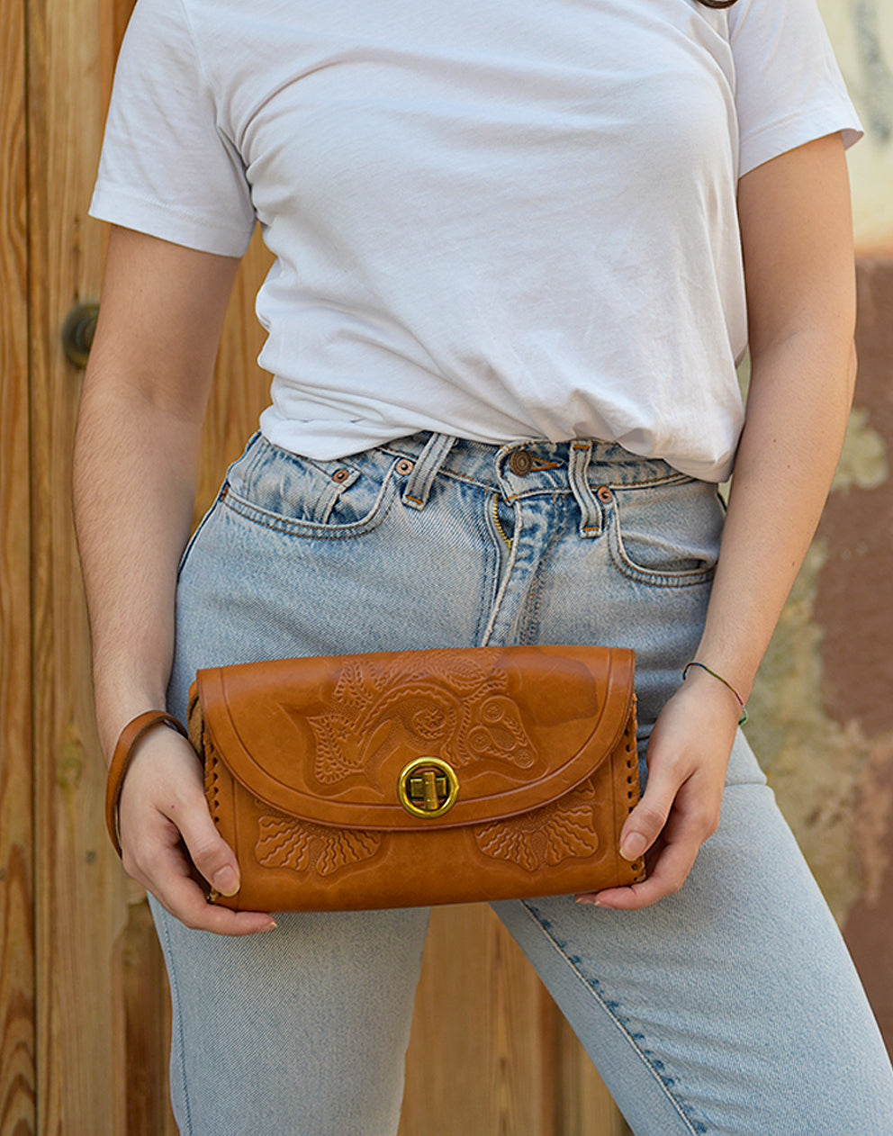 Tan Brown Real Leather Tooled Clutch Bag
