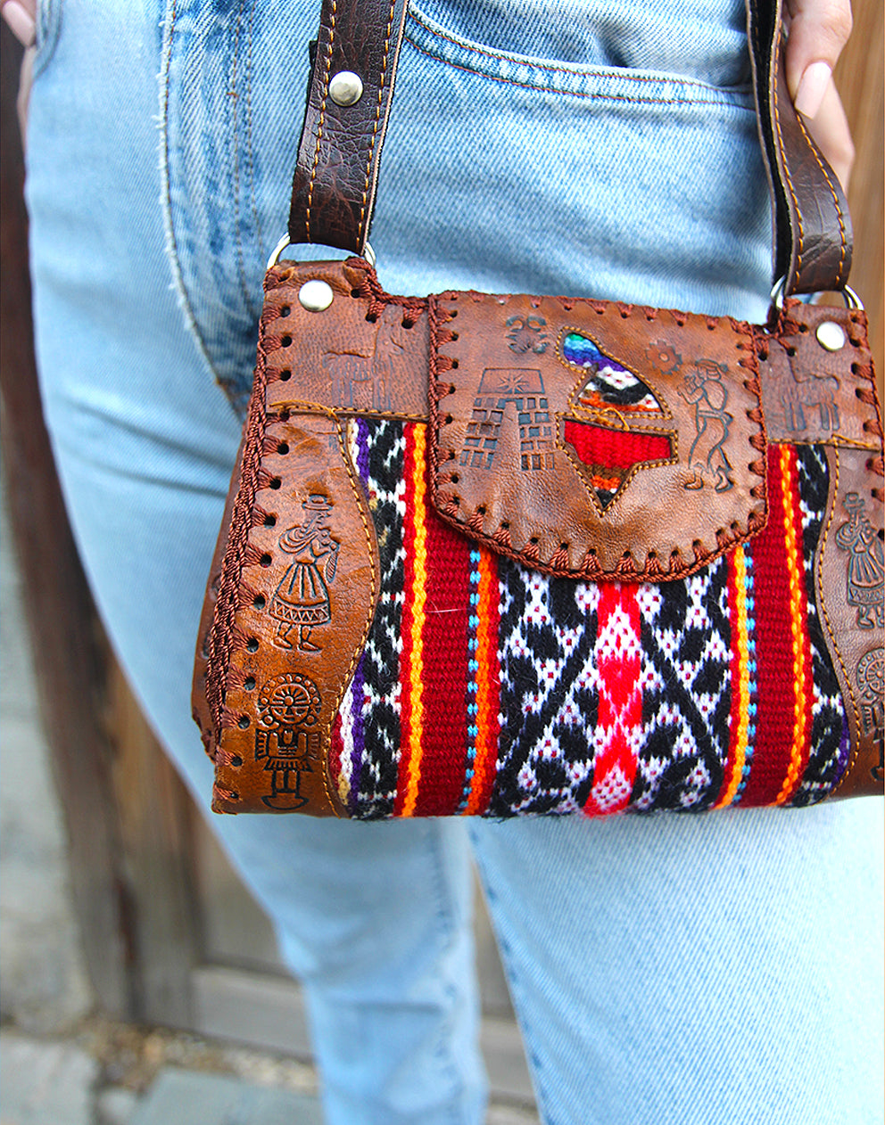 Tan Leather & Multi Colour Tapestry Small Handbag