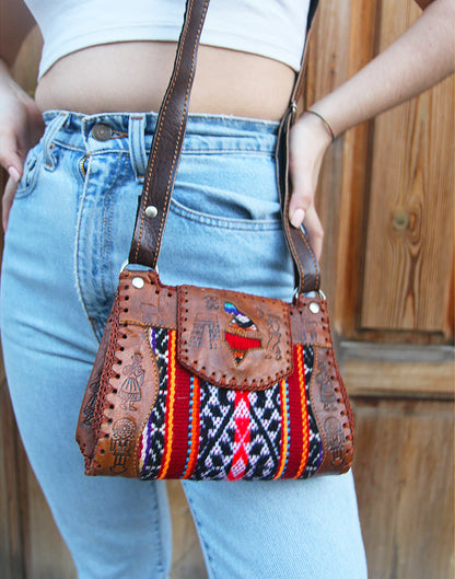 Tan Leather & Multi Colour Tapestry Small Handbag