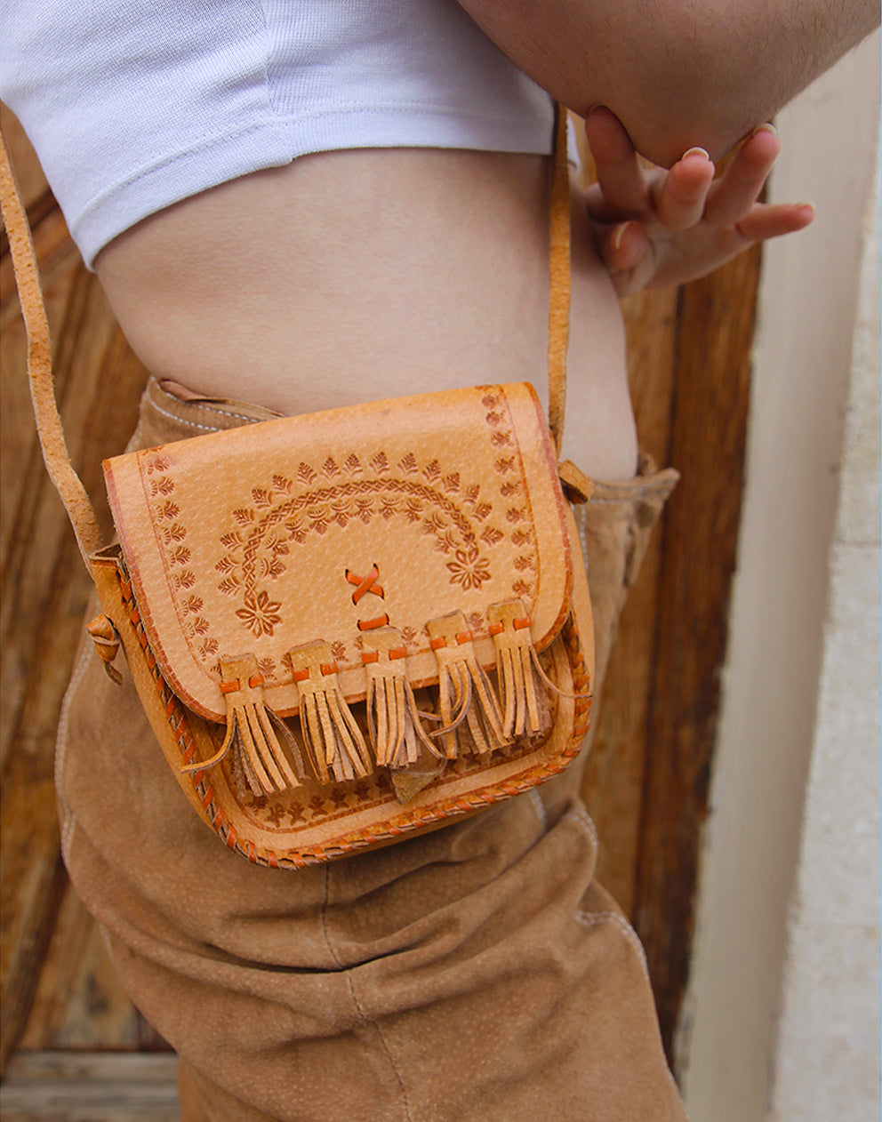 Tan Real Leather Bohemian Style Mini Handbag