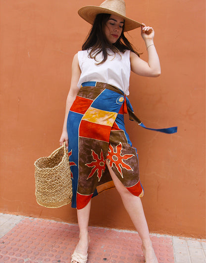 New Handmade Multi Colour Abstract Print Wrap Midi Skirt