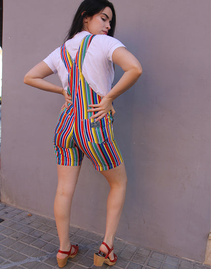 Dungaree Shorts in Multi Colour Stripe