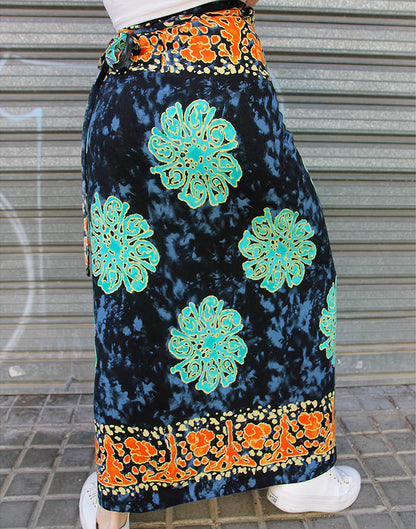 Navy Blue Boho Print Wrap Midi Skirt