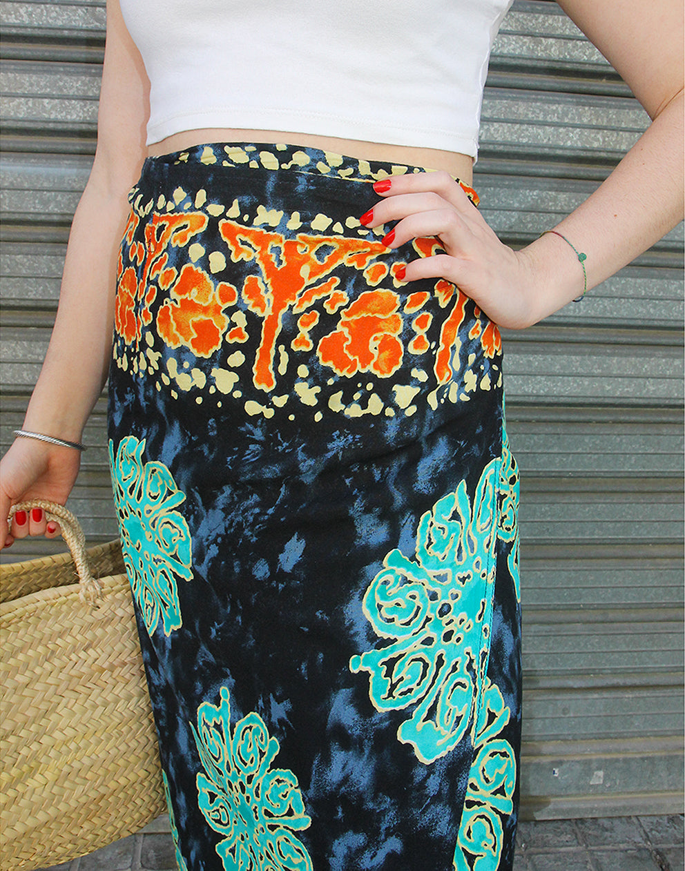 Navy Blue Boho Print Wrap Midi Skirt