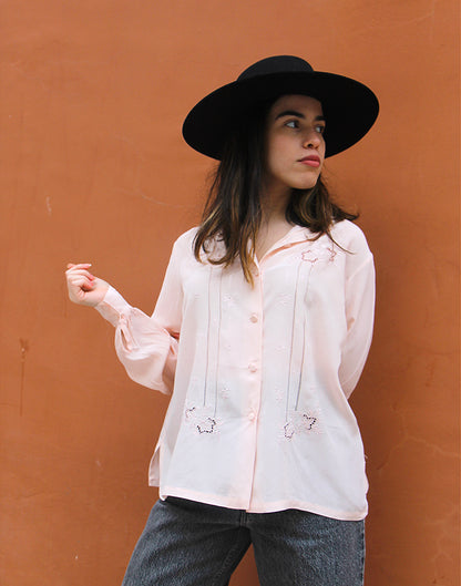 Pale Pink Long Sleeved Pure Silk Floral Embroidered Shirt