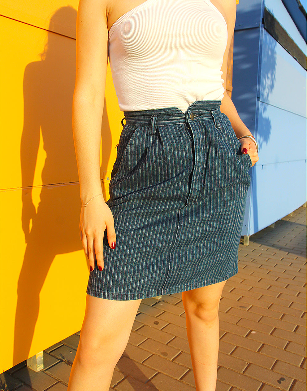 Pinstripe Blue Denim High Rise Mini Skirt