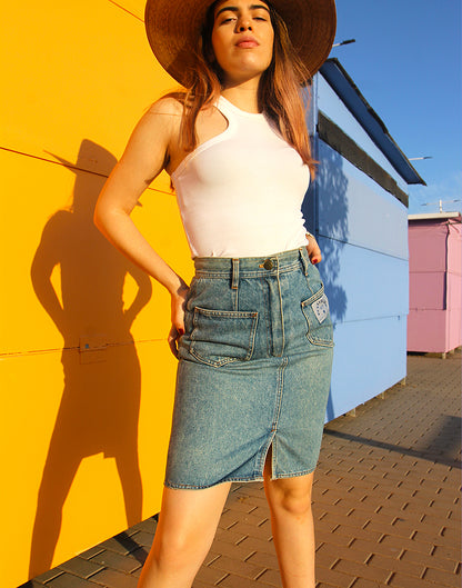 Light Wash Blue Denim High Rise Mini Skirt 24" (61cm) Waist