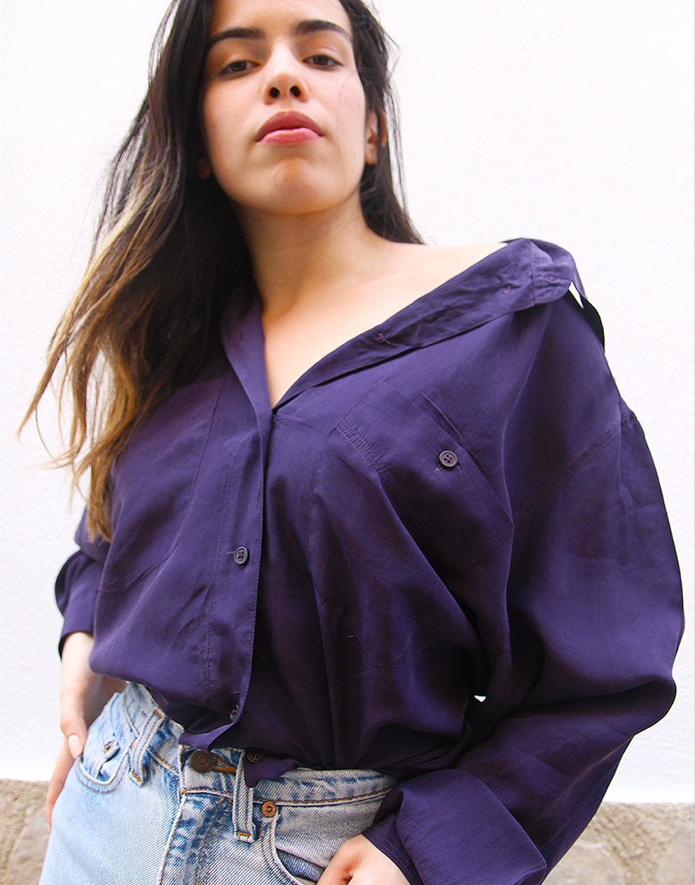 Purple Long Sleeved Relaxed Fit Pure Silk Shirt