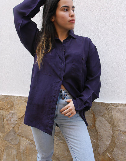 Purple Long Sleeved Relaxed Fit Pure Silk Shirt
