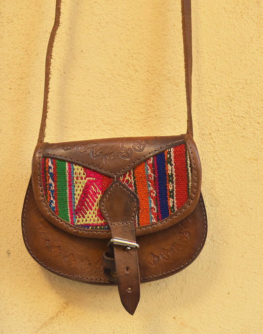 Small Leather Handbag with Multi Colour Tapestry Panel